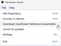 File is selected and the mouse hovers over Download OneStream Reference Assemblies option which is the third option in the menu